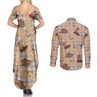 Khaki Palaka Hawaii Cowboy Couples Matching Summer Maxi Dress and Long Sleeve Button Shirt Puakenikeni Lei Paniolo Papale Seamless Vibes - Polynesian Pride