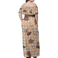 Khaki Palaka Hawaii Cowboy Family Matching Off Shoulder Maxi Dress and Hawaiian Shirt Puakenikeni Lei Paniolo Papale Seamless Vibes LT14 - Polynesian Pride