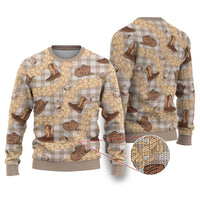 Khaki Palaka Hawaii Cowboy Ugly Christmas Sweater Puakenikeni Lei Paniolo Papale Seamless Vibes - Polynesian Pride