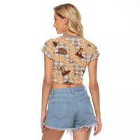Khaki Palaka Hawaii Cowboy Raglan Cropped T Shirt Puakenikeni Lei Paniolo Papale Seamless Vibes - Polynesian Pride
