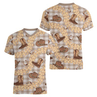 Khaki Palaka Hawaii Cowboy Women V-Neck T-Shirt Puakenikeni Lei Paniolo Papale Seamless Vibes - Polynesian Pride