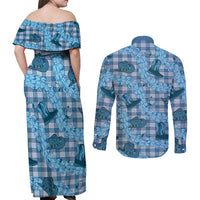 Cyan Palaka Hawaii Cowboy Couples Matching Off Shoulder Maxi Dress and Long Sleeve Button Shirt Puakenikeni Lei Paniolo Papale Seamless Vibes LT14 - Polynesian Pride