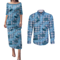 Cyan Palaka Hawaii Cowboy Couples Matching Puletasi and Long Sleeve Button Shirt Puakenikeni Lei Paniolo Papale Seamless Vibes LT14 Cyan - Polynesian Pride