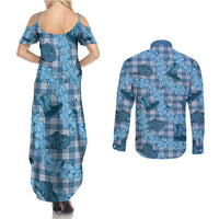 Cyan Palaka Hawaii Cowboy Couples Matching Summer Maxi Dress and Long Sleeve Button Shirt Puakenikeni Lei Paniolo Papale Seamless Vibes LT14 - Polynesian Pride