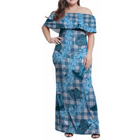 Cyan Palaka Hawaii Cowboy Family Matching Off Shoulder Maxi Dress and Hawaiian Shirt Puakenikeni Lei Paniolo Papale Seamless Vibes LT14 Mom's Dress Cyan - Polynesian Pride