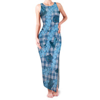 Cyan Palaka Hawaii Cowboy Family Matching Tank Maxi Dress and Hawaiian Shirt Puakenikeni Lei Paniolo Papale Seamless Vibes LT14 Mom's Dress Cyan - Polynesian Pride