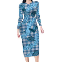Cyan Palaka Hawaii Cowboy Long Sleeve Bodycon Dress Puakenikeni Lei Paniolo Papale Seamless Vibes LT14 Long Dress Cyan - Polynesian Pride