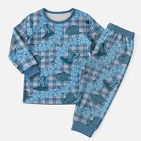 Cyan Palaka Hawaii Cowboy Christmas Pajama Set Puakenikeni Lei Paniolo Papale Seamless Vibes - Polynesian Pride