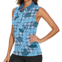 Cyan Palaka Hawaii Cowboy Women Sleeveless Polo Shirt Puakenikeni Lei Paniolo Papale Seamless Vibes LT14 - Polynesian Pride