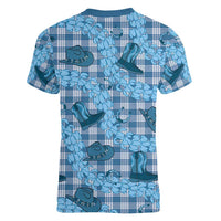 Cyan Palaka Hawaii Cowboy Women V-Neck T-Shirt Puakenikeni Lei Paniolo Papale Seamless Vibes - Polynesian Pride
