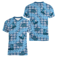Cyan Palaka Hawaii Cowboy Women V-Neck T-Shirt Puakenikeni Lei Paniolo Papale Seamless Vibes - Polynesian Pride