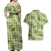 Lime Palaka Hawaii Cowboy Couples Matching Off Shoulder Maxi Dress and Hawaiian Shirt Puakenikeni Lei Paniolo Papale Seamless Vibes LT14 - Polynesian Pride