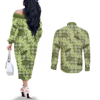 Lime Palaka Hawaii Cowboy Couples Matching Off The Shoulder Long Sleeve Dress and Long Sleeve Button Shirt Puakenikeni Lei Paniolo Papale Seamless Vibes LT14 - Polynesian Pride
