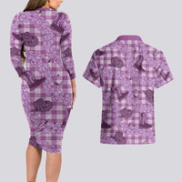 Purple Palaka Hawaii Cowboy Couples Matching Long Sleeve Bodycon Dress and Hawaiian Shirt Puakenikeni Lei Paniolo Papale Seamless Vibes LT14 - Polynesian Pride
