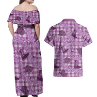 Purple Palaka Hawaii Cowboy Couples Matching Off Shoulder Maxi Dress and Hawaiian Shirt Puakenikeni Lei Paniolo Papale Seamless Vibes LT14 - Polynesian Pride
