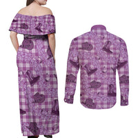 Purple Palaka Hawaii Cowboy Couples Matching Off Shoulder Maxi Dress and Long Sleeve Button Shirt Puakenikeni Lei Paniolo Papale Seamless Vibes LT14 - Polynesian Pride