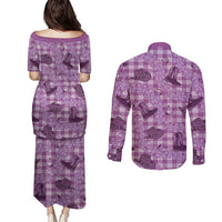 Purple Palaka Hawaii Cowboy Couples Matching Puletasi and Long Sleeve Button Shirt Puakenikeni Lei Paniolo Papale Seamless Vibes LT14 - Polynesian Pride