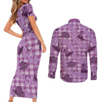 Purple Palaka Hawaii Cowboy Couples Matching Short Sleeve Bodycon Dress and Long Sleeve Button Shirt Puakenikeni Lei Paniolo Papale Seamless Vibes LT14 - Polynesian Pride