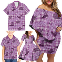 Purple Palaka Hawaii Cowboy Family Matching Off Shoulder Short Dress and Hawaiian Shirt Puakenikeni Lei Paniolo Papale Seamless Vibes LT14 - Polynesian Pride