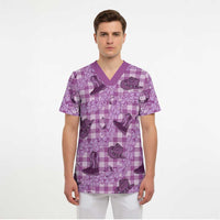 Purple Palaka Hawaii Cowboy Scrub Top Puakenikeni Lei Paniolo Papale Seamless Vibes - Polynesian Pride