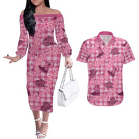 Pink Palaka Hawaii Cowboy Couples Matching Off The Shoulder Long Sleeve Dress and Hawaiian Shirt Puakenikeni Lei Paniolo Papale Seamless Vibes LT14 Pink - Polynesian Pride