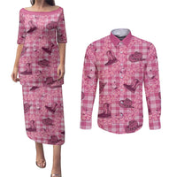 Pink Palaka Hawaii Cowboy Couples Matching Puletasi and Long Sleeve Button Shirt Puakenikeni Lei Paniolo Papale Seamless Vibes LT14 Pink - Polynesian Pride