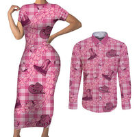 Pink Palaka Hawaii Cowboy Couples Matching Short Sleeve Bodycon Dress and Long Sleeve Button Shirt Puakenikeni Lei Paniolo Papale Seamless Vibes LT14 Pink - Polynesian Pride