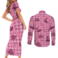 Pink Palaka Hawaii Cowboy Couples Matching Short Sleeve Bodycon Dress and Long Sleeve Button Shirt Puakenikeni Lei Paniolo Papale Seamless Vibes LT14 - Polynesian Pride