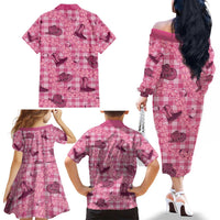 Pink Palaka Hawaii Cowboy Family Matching Off The Shoulder Long Sleeve Dress and Hawaiian Shirt Puakenikeni Lei Paniolo Papale Seamless Vibes LT14 - Polynesian Pride