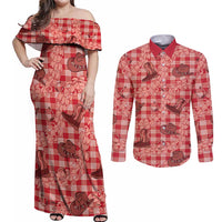 Red Palaka Hawaii Cowboy Couples Matching Off Shoulder Maxi Dress and Long Sleeve Button Shirt Puakenikeni Lei Paniolo Papale Seamless Vibes LT14 Red - Polynesian Pride