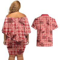 Red Palaka Hawaii Cowboy Couples Matching Off Shoulder Short Dress and Hawaiian Shirt Puakenikeni Lei Paniolo Papale Seamless Vibes LT14 - Polynesian Pride