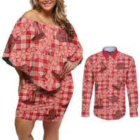 Red Palaka Hawaii Cowboy Couples Matching Off Shoulder Short Dress and Long Sleeve Button Shirt Puakenikeni Lei Paniolo Papale Seamless Vibes LT14 Red - Polynesian Pride