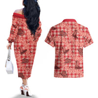 Red Palaka Hawaii Cowboy Couples Matching Off The Shoulder Long Sleeve Dress and Hawaiian Shirt Puakenikeni Lei Paniolo Papale Seamless Vibes LT14 - Polynesian Pride