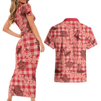 Red Palaka Hawaii Cowboy Couples Matching Short Sleeve Bodycon Dress and Hawaiian Shirt Puakenikeni Lei Paniolo Papale Seamless Vibes LT14 - Polynesian Pride
