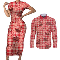 Red Palaka Hawaii Cowboy Couples Matching Short Sleeve Bodycon Dress and Long Sleeve Button Shirt Puakenikeni Lei Paniolo Papale Seamless Vibes LT14 Red - Polynesian Pride