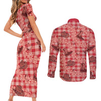 Red Palaka Hawaii Cowboy Couples Matching Short Sleeve Bodycon Dress and Long Sleeve Button Shirt Puakenikeni Lei Paniolo Papale Seamless Vibes LT14 - Polynesian Pride