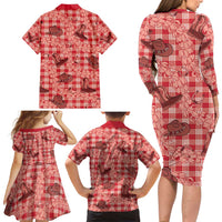 Red Palaka Hawaii Cowboy Family Matching Long Sleeve Bodycon Dress and Hawaiian Shirt Puakenikeni Lei Paniolo Papale Seamless Vibes LT14 - Polynesian Pride