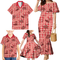 Red Palaka Hawaii Cowboy Family Matching Mermaid Dress and Hawaiian Shirt Puakenikeni Lei Paniolo Papale Seamless Vibes LT14 - Polynesian Pride