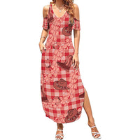 Red Palaka Hawaii Cowboy Family Matching Summer Maxi Dress and Hawaiian Shirt Puakenikeni Lei Paniolo Papale Seamless Vibes LT14 Mom's Dress Red - Polynesian Pride