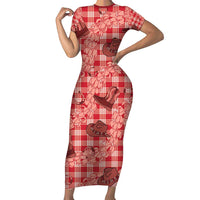 Red Palaka Hawaii Cowboy Short Sleeve Bodycon Dress Puakenikeni Lei Paniolo Papale Seamless Vibes LT14 Long Dress Red - Polynesian Pride