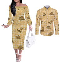 Yellow Palaka Hawaii Cowboy Couples Matching Off The Shoulder Long Sleeve Dress and Long Sleeve Button Shirt Puakenikeni Lei Paniolo Papale Seamless Vibes LT14 Yellow - Polynesian Pride