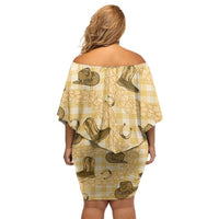 Yellow Palaka Hawaii Cowboy Family Matching Off Shoulder Short Dress and Hawaiian Shirt Puakenikeni Lei Paniolo Papale Seamless Vibes LT14 - Polynesian Pride
