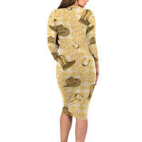 Yellow Palaka Hawaii Cowboy Long Sleeve Bodycon Dress Puakenikeni Lei Paniolo Papale Seamless Vibes LT14 - Polynesian Pride