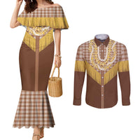 Aloha Hawaii Cowboy Custome Couples Matching Mermaid Dress and Long Sleeve Button Shirt Puakenikeni Lei Palaka Tassel Style LT14 Brown - Polynesian Pride