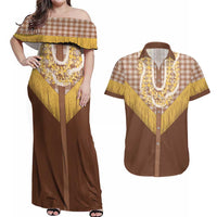 Aloha Hawaii Cowboy Custome Couples Matching Off Shoulder Maxi Dress and Hawaiian Shirt Puakenikeni Lei Palaka Tassel Style LT14 Brown - Polynesian Pride