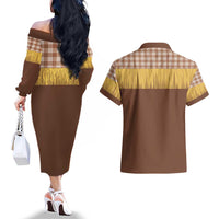 Aloha Hawaii Cowboy Custome Couples Matching Off The Shoulder Long Sleeve Dress and Hawaiian Shirt Puakenikeni Lei Palaka Tassel Style LT14 - Polynesian Pride