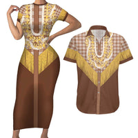 Aloha Hawaii Cowboy Custome Couples Matching Short Sleeve Bodycon Dress and Hawaiian Shirt Puakenikeni Lei Palaka Tassel Style LT14 Brown - Polynesian Pride