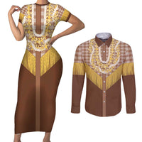 Aloha Hawaii Cowboy Custome Couples Matching Short Sleeve Bodycon Dress and Long Sleeve Button Shirt Puakenikeni Lei Palaka Tassel Style LT14 Brown - Polynesian Pride