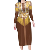 Aloha Hawaii Cowboy Custome Family Matching Long Sleeve Bodycon Dress and Hawaiian Shirt Puakenikeni Lei Palaka Tassel Style LT14 Mom's Dress Brown - Polynesian Pride