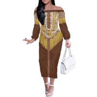 Aloha Hawaii Cowboy Custome Family Matching Off The Shoulder Long Sleeve Dress and Hawaiian Shirt Puakenikeni Lei Palaka Tassel Style LT14 Mom's Dress Brown - Polynesian Pride